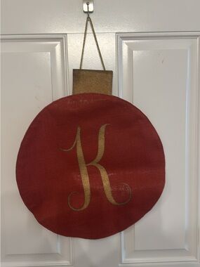 Gold Monogram K Red Round Holiday Door Hanger